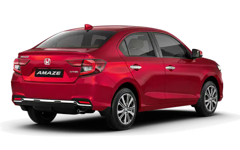 Amaze 2nd Gen in Radiant Red Metallic, rear three-quarter view