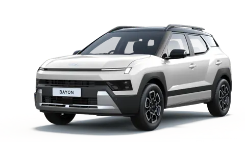 Bayon in Atlas White with Titanium Black Roof, front three-quarter view