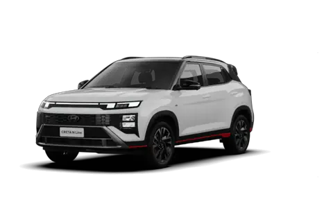 Creta N Line in Atlas White with Black Roof, front three-quarter view