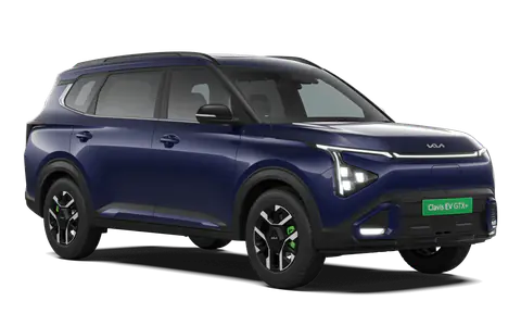 Carens Clavis EV in Imperial Blue, front three-quarter view