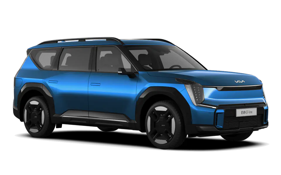 EV9 in Ocean Blue, front three-quarter view