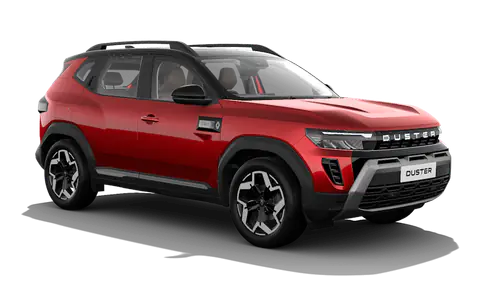 Duster Hybrid in Sunset Red with Stealth Black, front three-quarter view