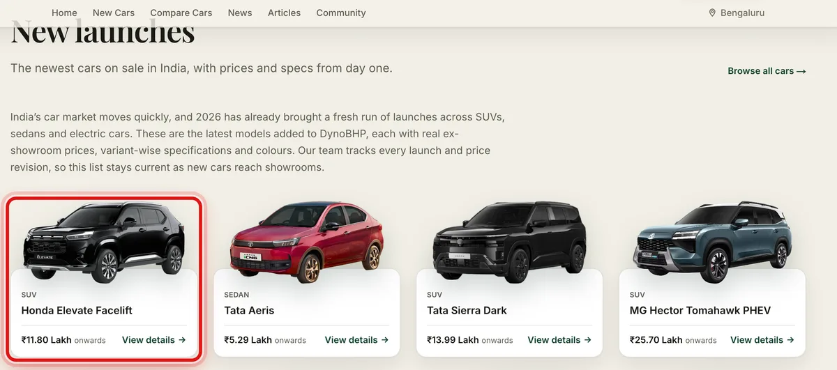 A row of car cards on the home page, each with a price and a View details link