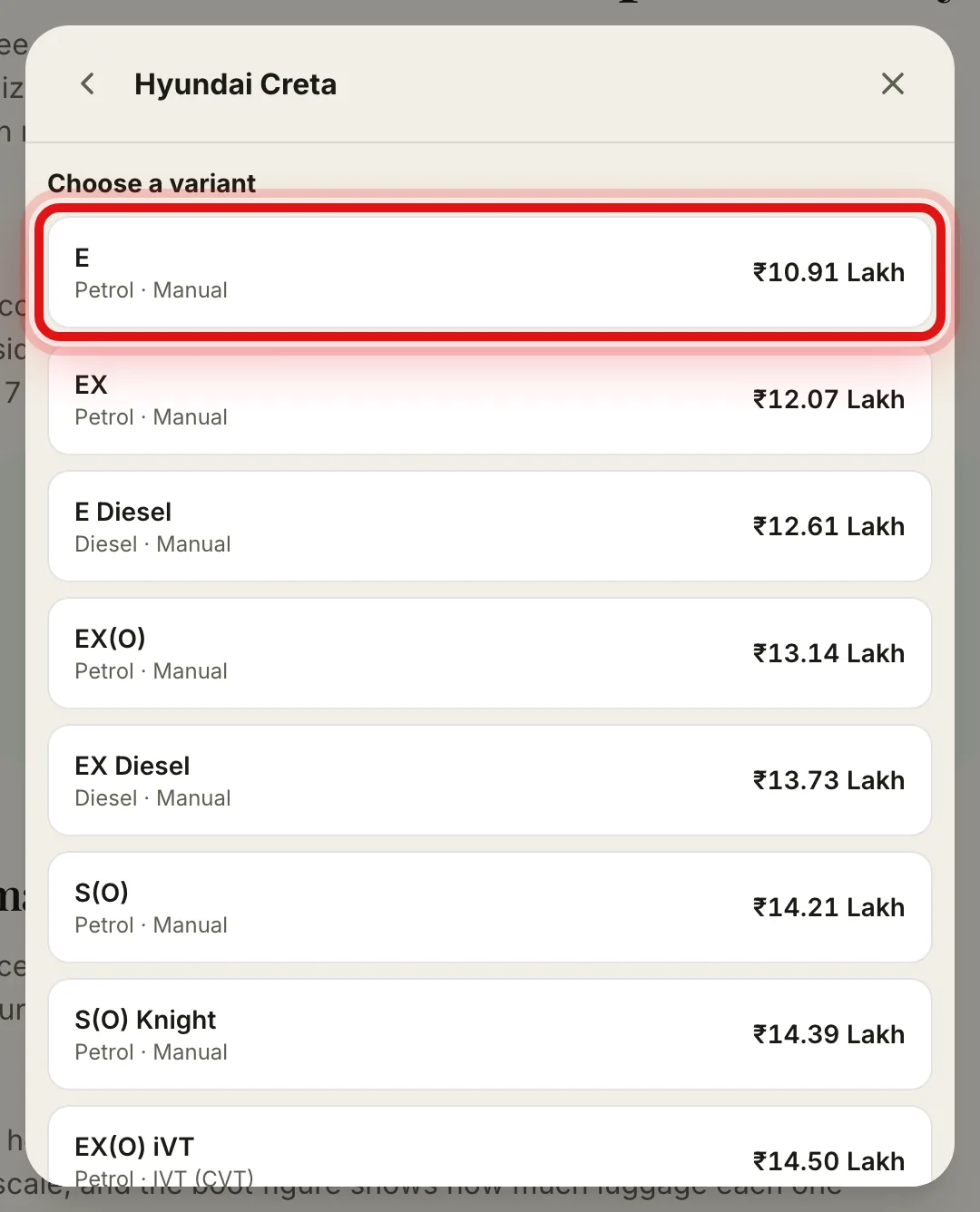The list of Hyundai Creta variants with prices