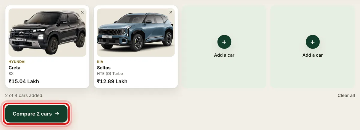 Two cars added, a Hyundai Creta and a Kia Seltos, with the Compare button below