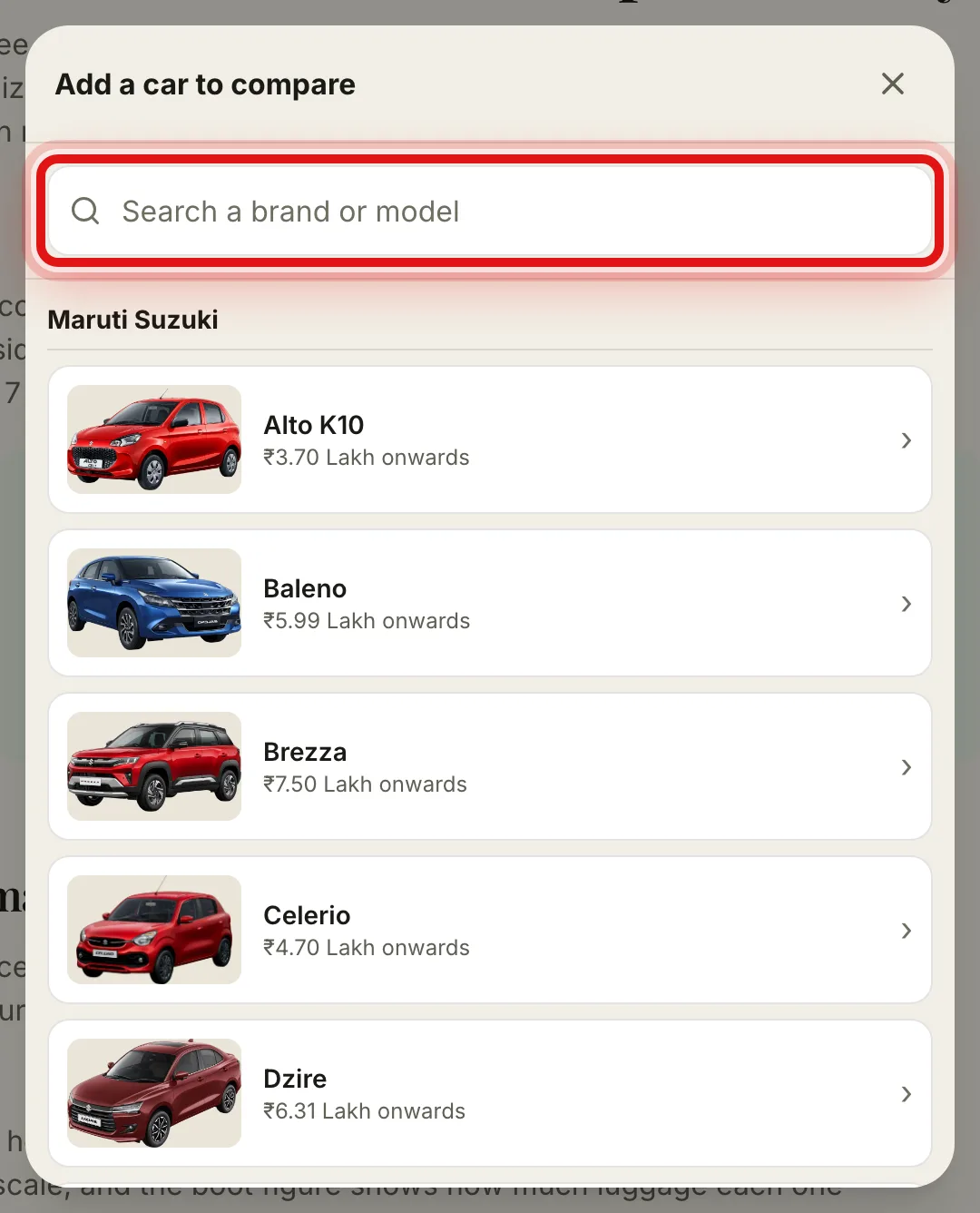 The car picker with a search box and a list of Maruti Suzuki models