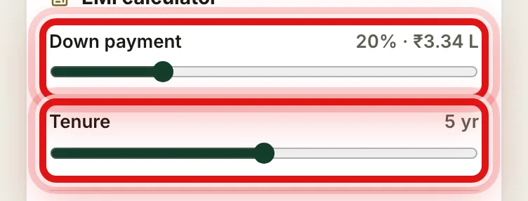 The down payment and tenure sliders in the EMI calculator