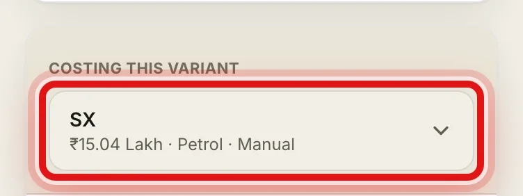 The variant picker at the top of the EMI calculator