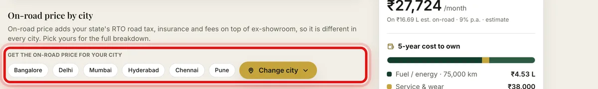 The On-road price by city section with city buttons and a Change city button