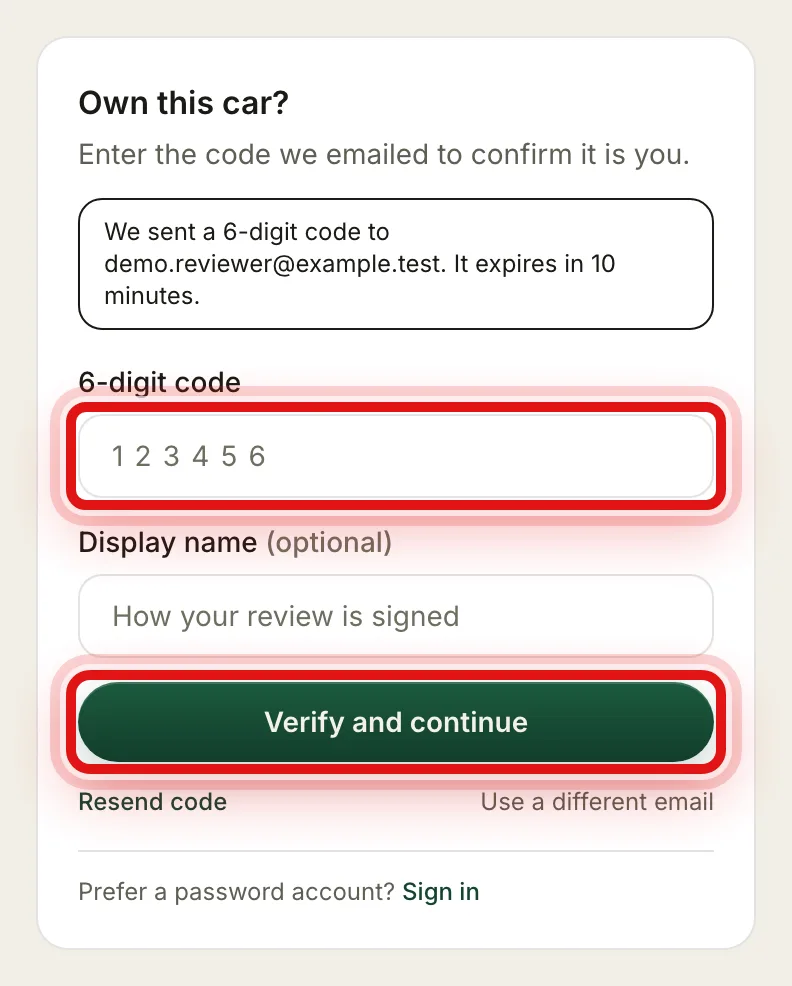 The code step with a six digit field, a display name field and a Verify and continue button