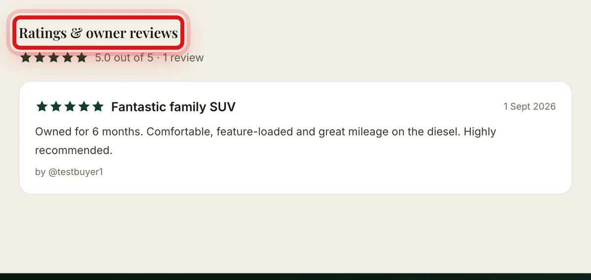 The Ratings and owner reviews section on a Hyundai Creta page