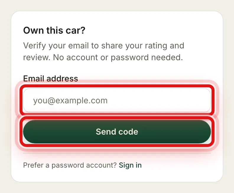 The Own this car? box with an email field and a Send code button