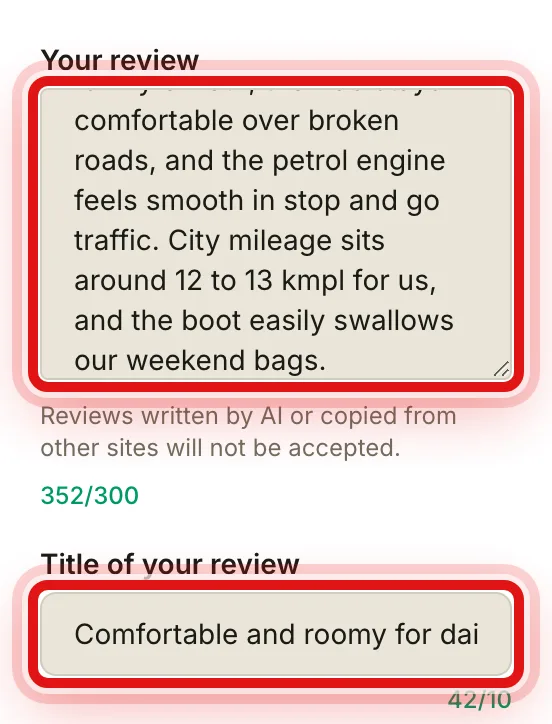 The title and review text fields filled in, with character counters