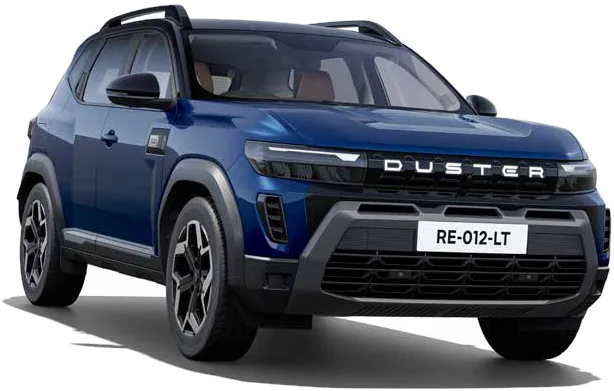 River Blue Renault Duster Hybrid with a black roof, front angle
