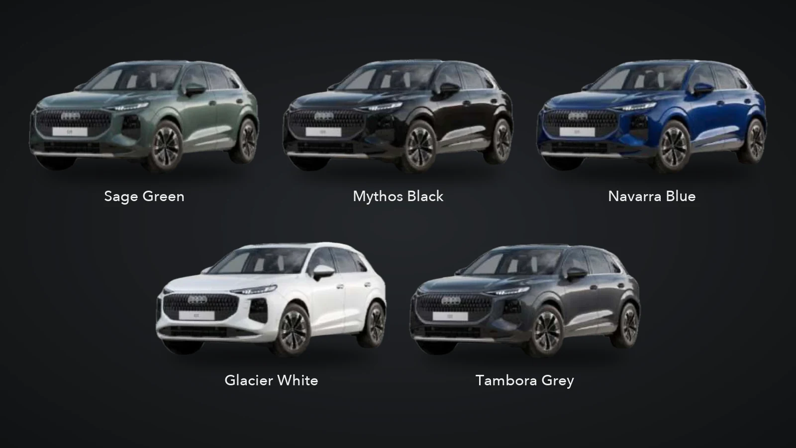 All-new Audi Q3 in Sage Green, Mythos Black, Navarra Blue, Glacier White and Tambora Grey