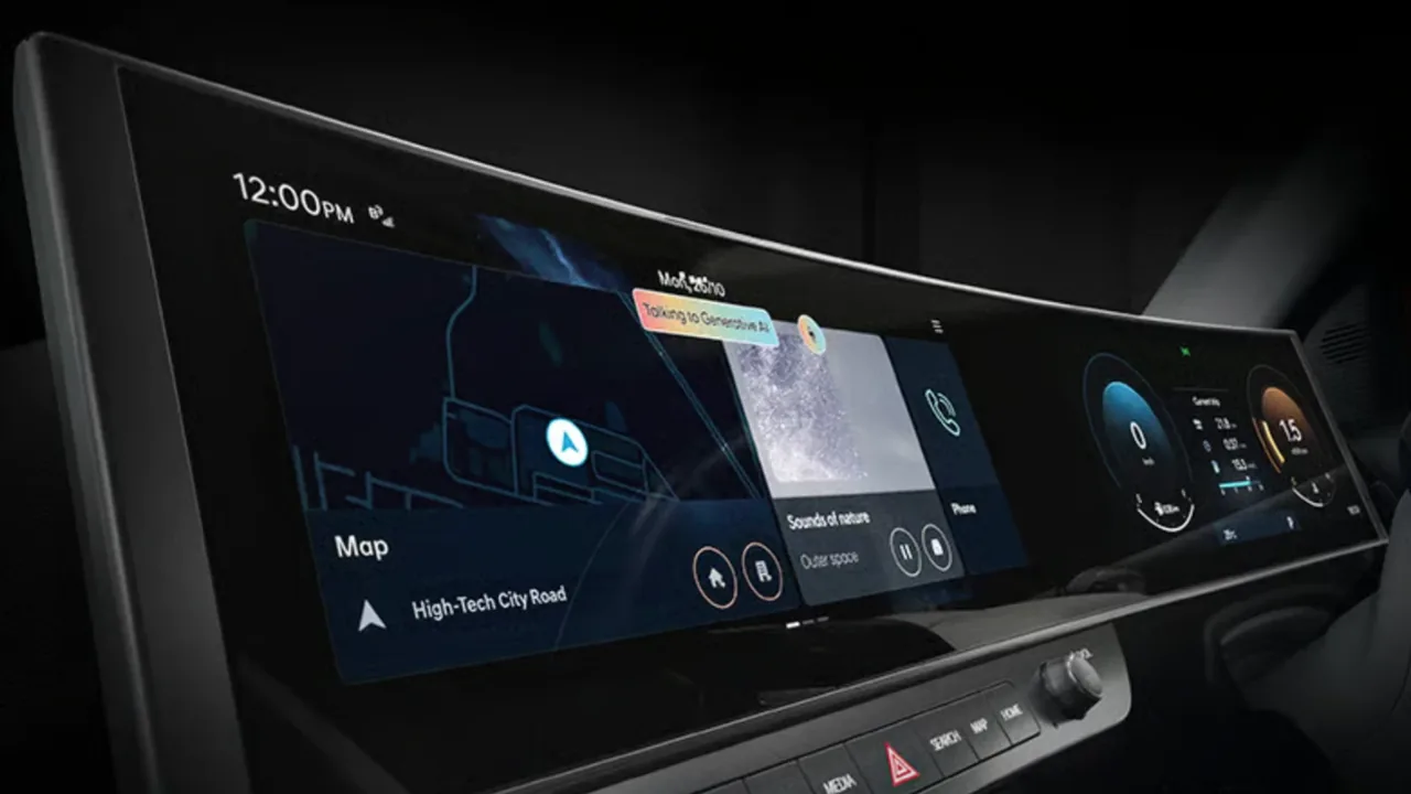 Curved twin screens in the India-spec Hyundai Bayon, with the generative AI assistant active above the navigation map