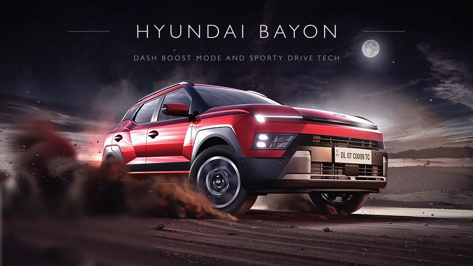 Red Hyundai Bayon driving through dust at night under a full moon