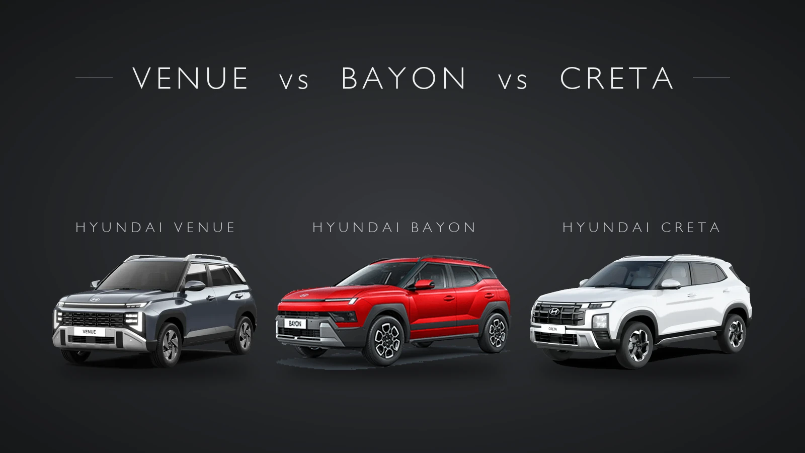 Hyundai Venue, Hyundai Bayon and Hyundai Creta side by side