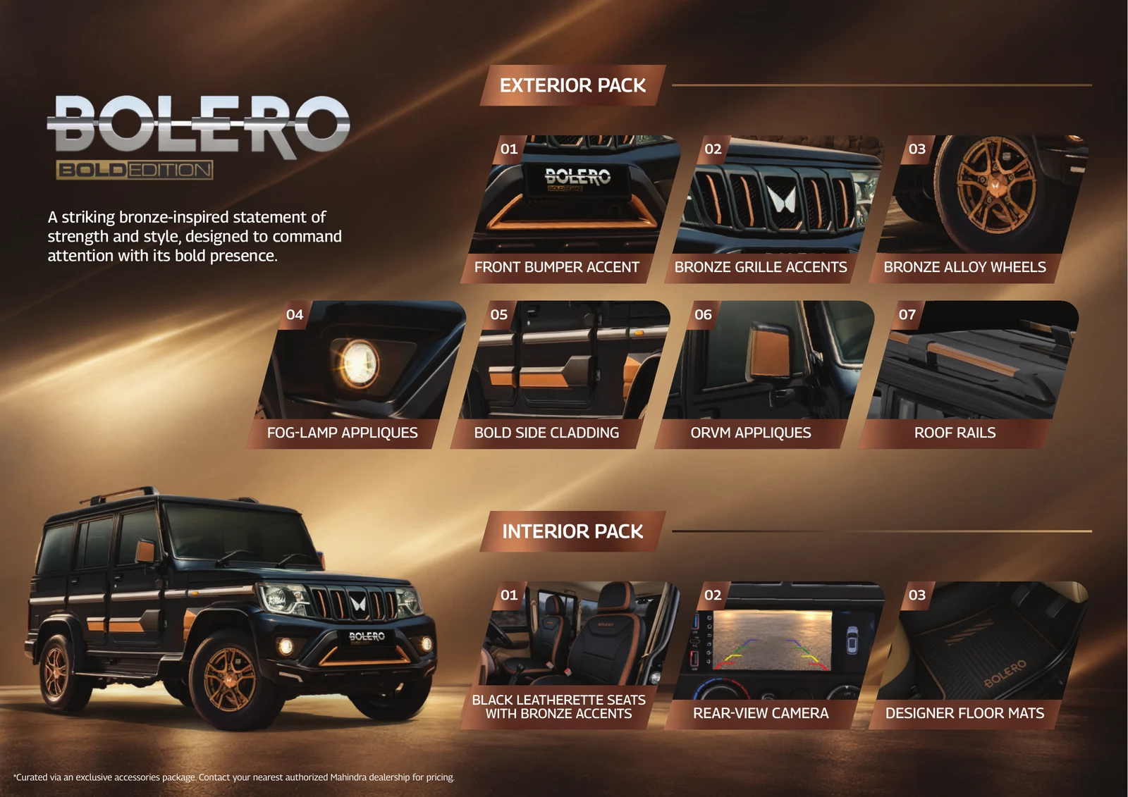 Mahindra's leaflet showing the Bolero Bold Edition exterior and interior accessory packs