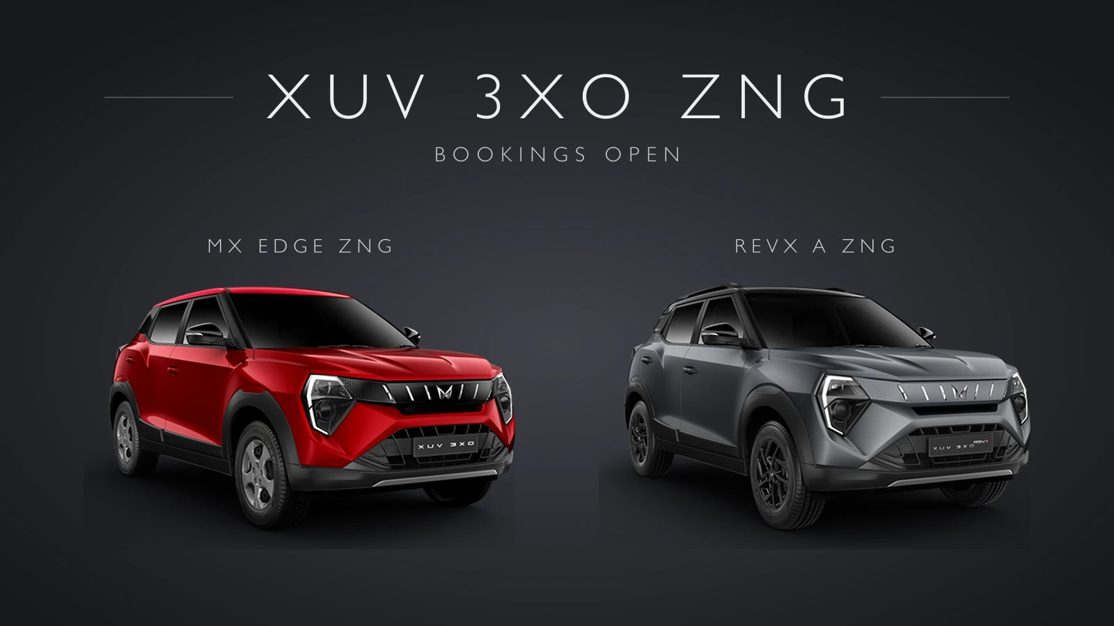 Mahindra XUV 3XO ZNG MX Edge in Tango Red and REVX A in Galaxy Grey with a black roof