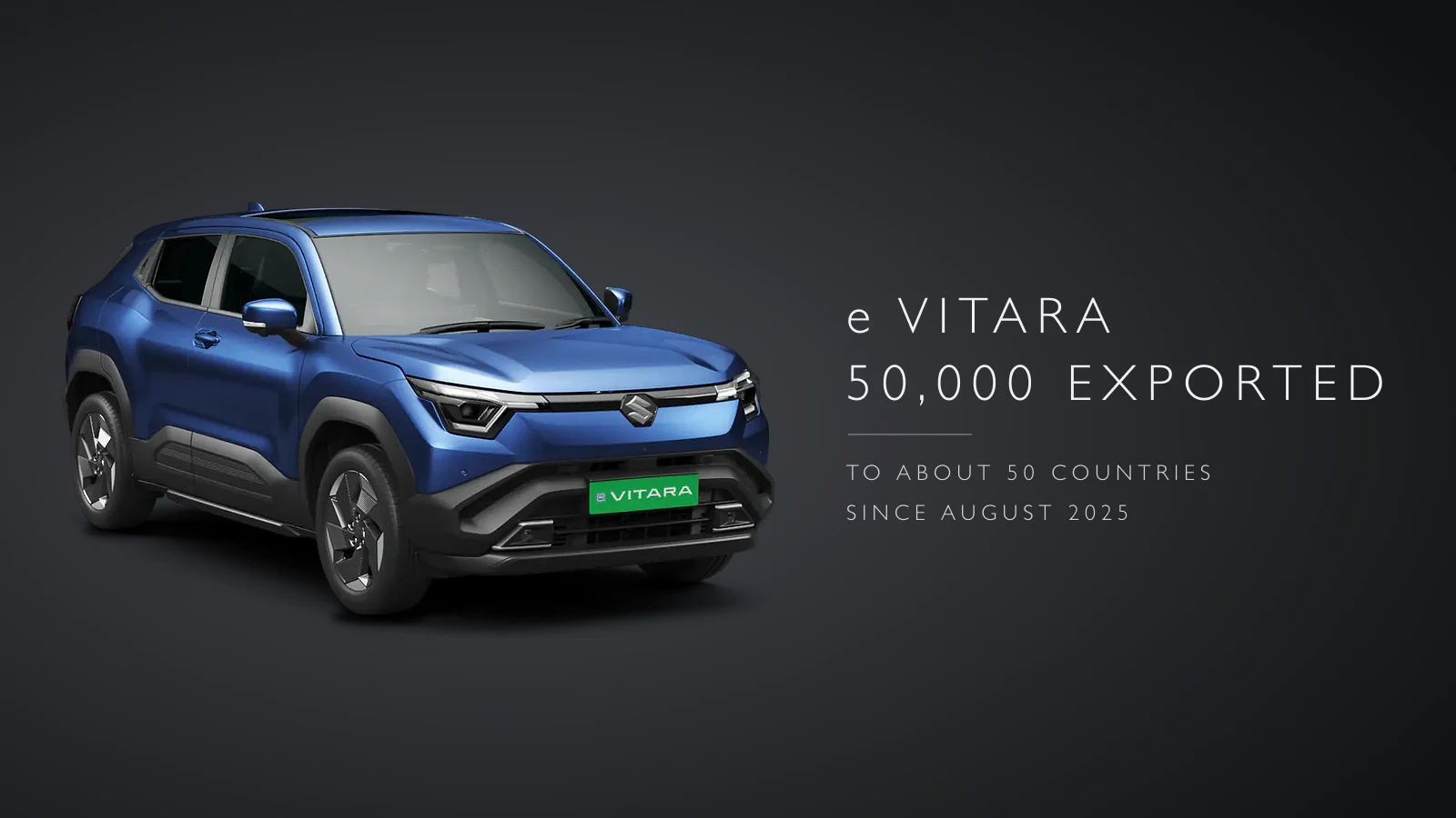 Blue Maruti Suzuki e Vitara seen from the front three-quarter on a dark background, beside the title e Vitara 50,000 exported